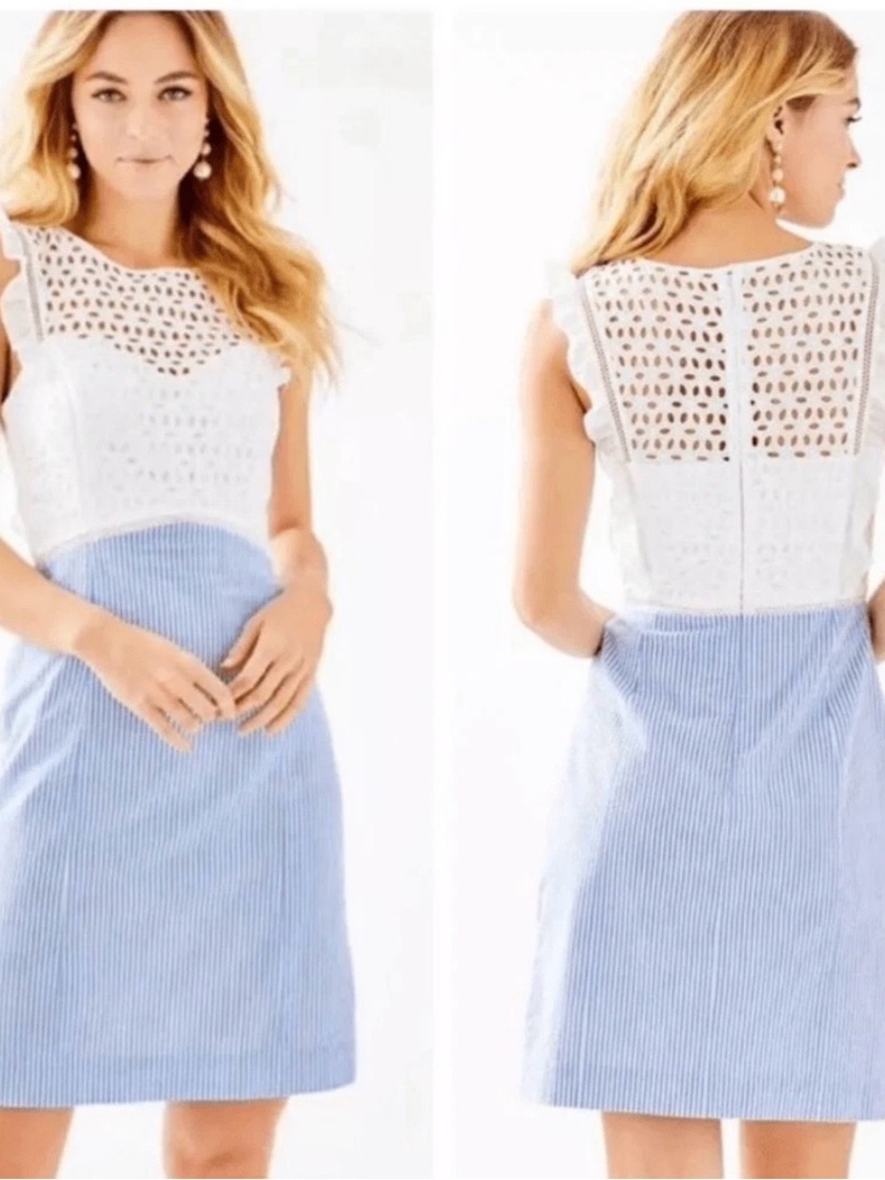 Lilly Pulitzer Maya Shift Dress in Coastal Blue Seersucker and White Eyelet, EUC